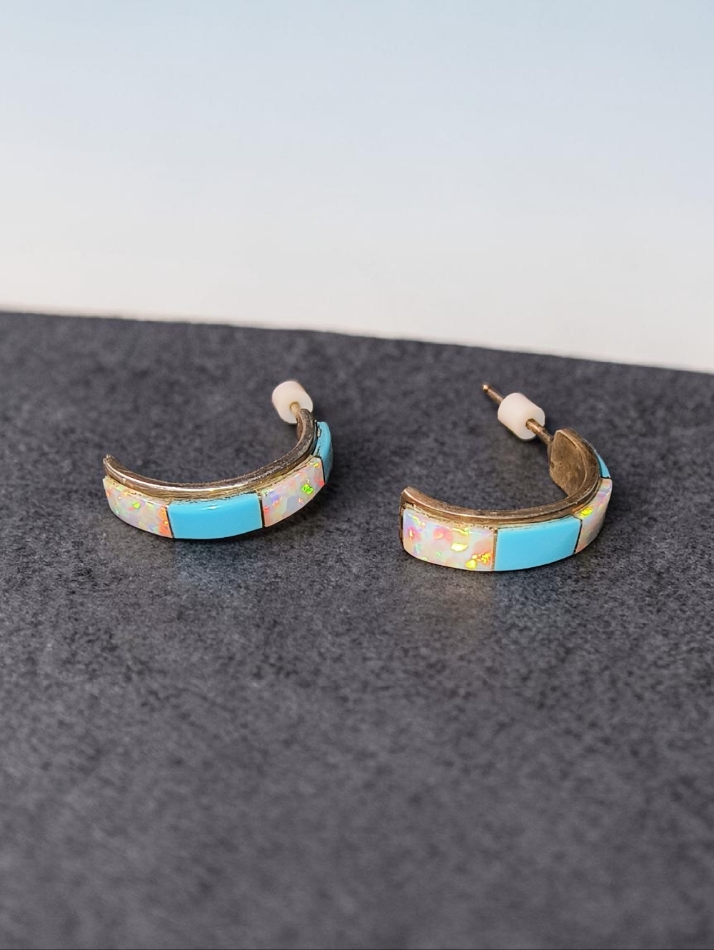 Signed Opal And Faux Turquoise Southwest Or Native American Hoop Earrings